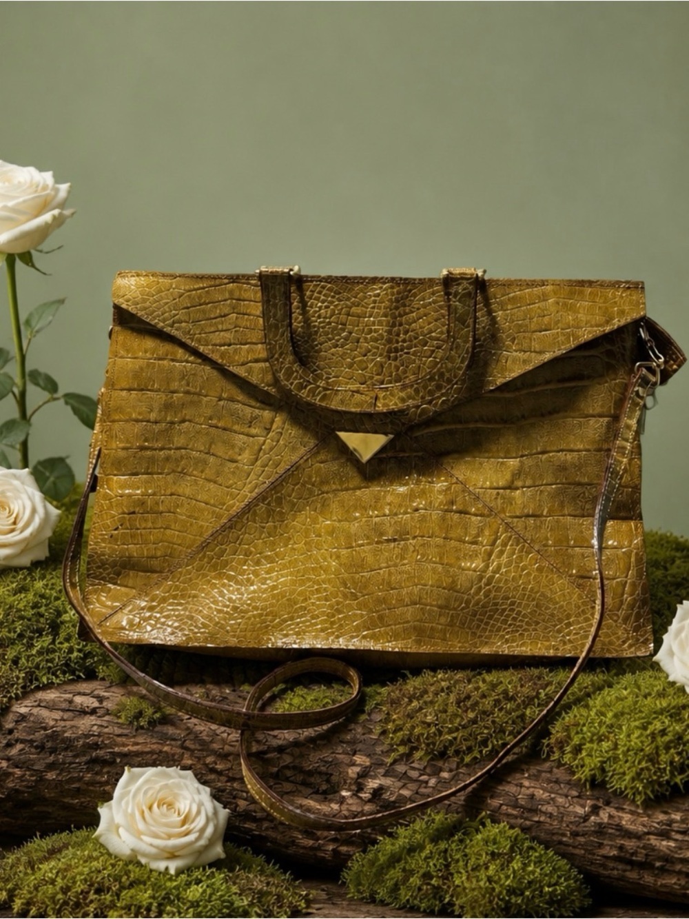 1970 Vintage Tan Croc-Embossed Leather Tote Bag - Women made in Italy